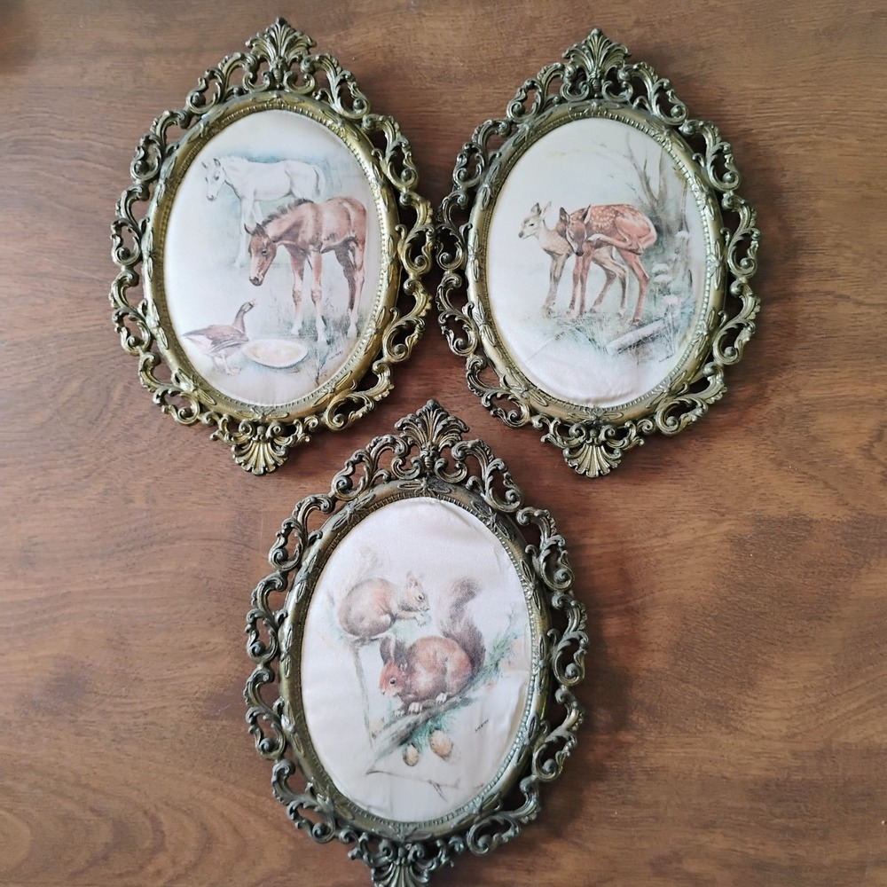 Mid Century Italian Ornate Brass Wall Hanging Silk Print Squirrel Deer Horse Set